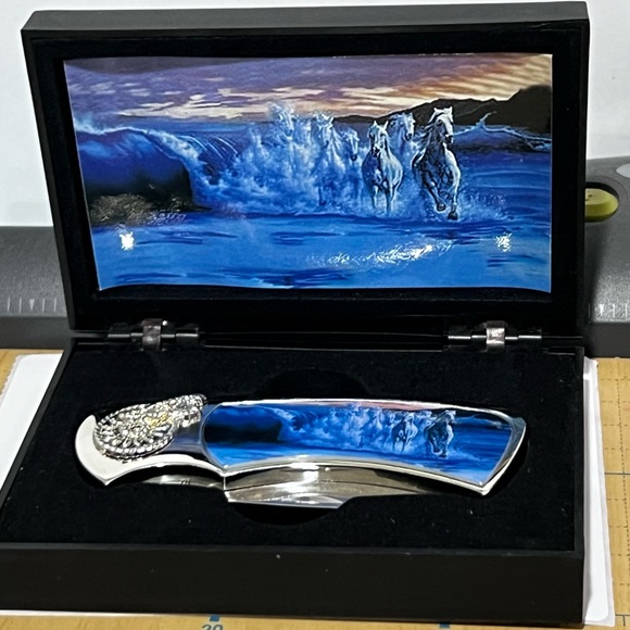 Wave Dash Other - Blue and Silver Folding Knife with Horse Design
